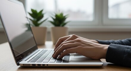 Close-Up Hands Typing Laptop Soft Lighting Office Ambiance