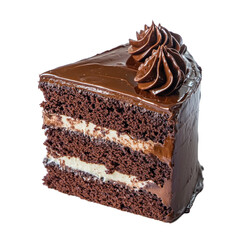 Obraz premium Delicious chocolate cake slice with creamy filling isolated on png transparent background, cut out