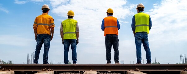 Four railway engineers stand together, their backs turned to the viewer, intently observing something in the distance against a backdrop of a partly cloudy bright sky, showcasing teamwork and