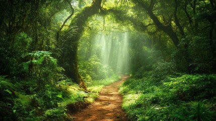 Obraz premium A serene forest path invites exploration. Sunlight filters through the lush foliage creating a tranquil atmosphere. Discover the beauty of nature. Generative AI