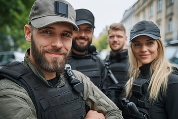 Fototapeta premium In a bustling city, a portrait captures the essence of protection and camaraderie A woman, a man, and a security guard stand together, their arms crossed, exuding confidence and strength The city