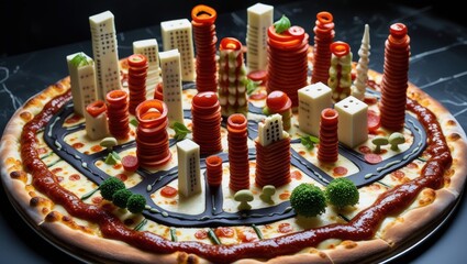 Fototapeta premium Pizza Metropolis: A Giant Slice Transformed into an Edible City Skyline