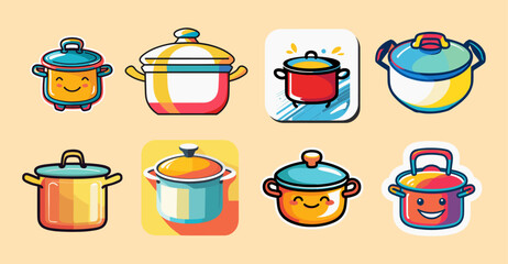 Sets icon collection of colorful cartoon style cooking pots with smiling faces, each with unique designs and backgrounds, creating a cheerful and playful kitchen theme