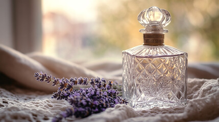 Elegant perfume bottle with lavender, perfect for beauty product ads and self-care promotions