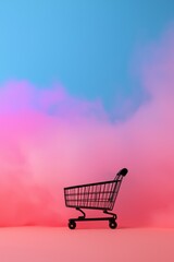 A shopping cart is sitting in front of a pink and purple sky. The cart is black and has a silver handle. The sky is filled with smoke, giving the scene a surreal and dreamlike quality