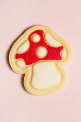Thin homemade biscuits. Woodland red mushroom with white dots. Sugar cookies for party, Easter or baby shower. 