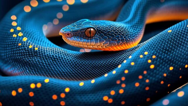 Blue snake coiled, night background, nature detail, wildlife photography