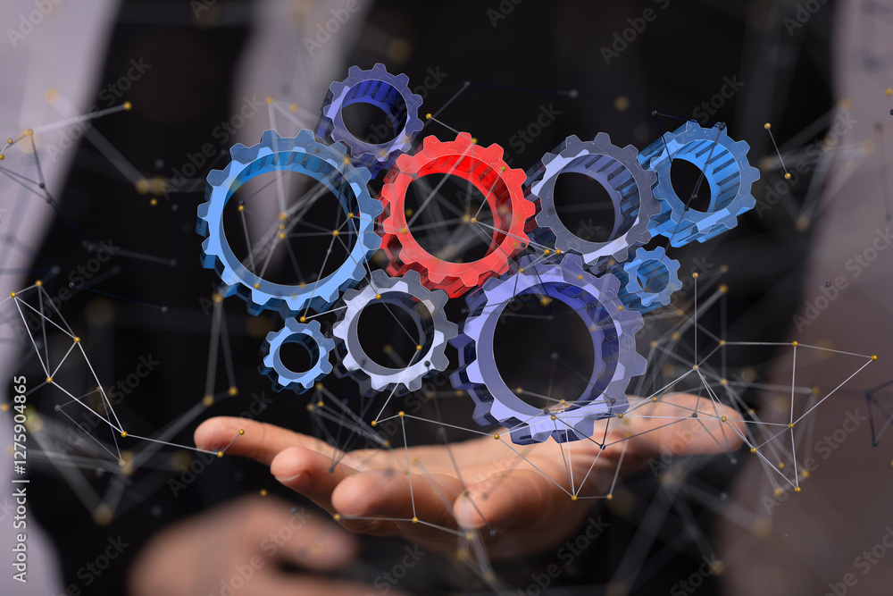 Poster gear system data. Connecting lines and dots.Big data visualization  - neural network exposure digital