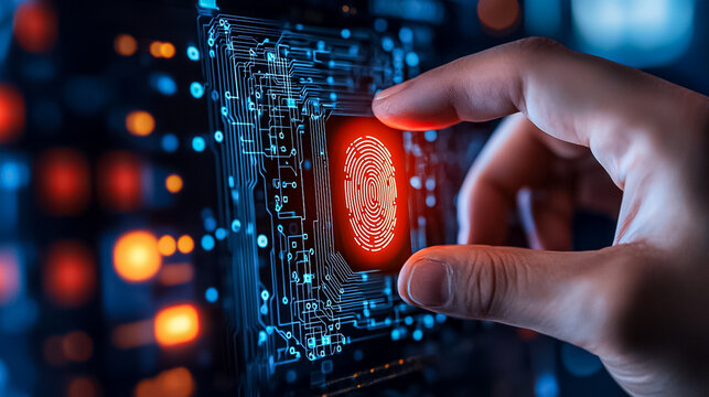 Close-Up of a Hand Interacting with a Glowing Biometric Fingerprint Scanner Technology