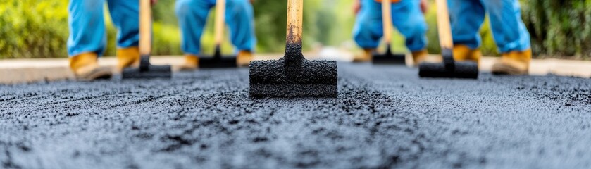 In a demonstration of community effort, a group of road workers diligently updates a part of the road network They wear protective work clothes, stand on the fresh asphalt, and use their tools to