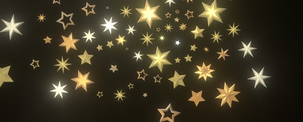 Banner with golden decoration. Festive border with falling glitter dust and stars.