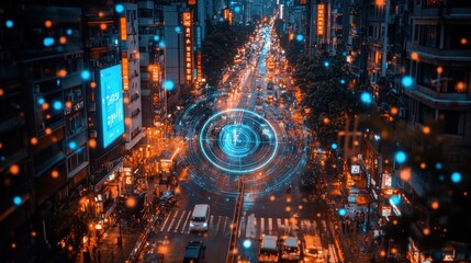 City street, night, digital overlay, traffic, futuristic