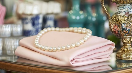 A blush pink dress styled with a thin pearl belt folded neatly on a boutique table