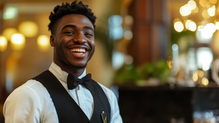 Fototapeta premium African American Hotel Concierge Assisting Guests with a Smile. Hospitality Career Concept