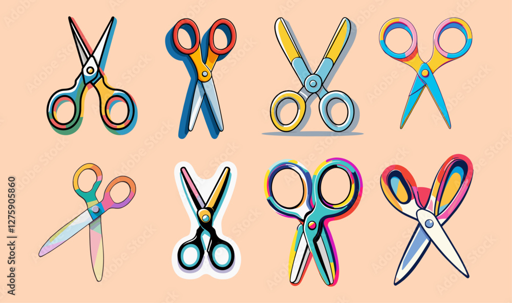 Poster sets icon collection of colorful pairs of scissors with various designs and patterns on a peach back
