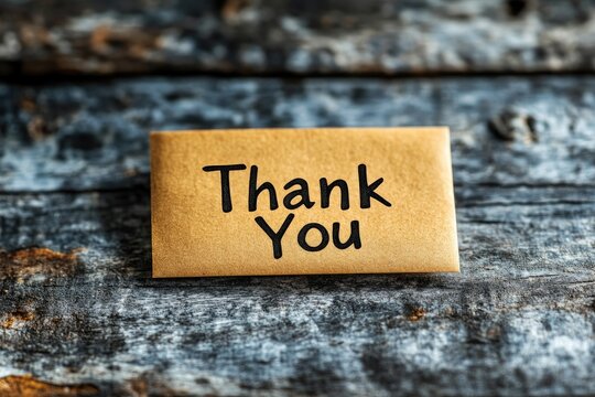 A small note featuring the words Thank You rests on a minimalist desk surrounded by soft natural light, conveying appreciation and warmth