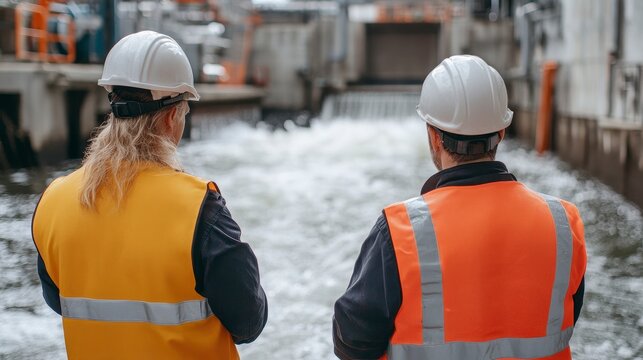 In a scene of diligent inspection, two workers garbed in high-visibility attire meticulously assess the hydroelectric infrastructure The setting showcases a robust concrete structure intertwined with