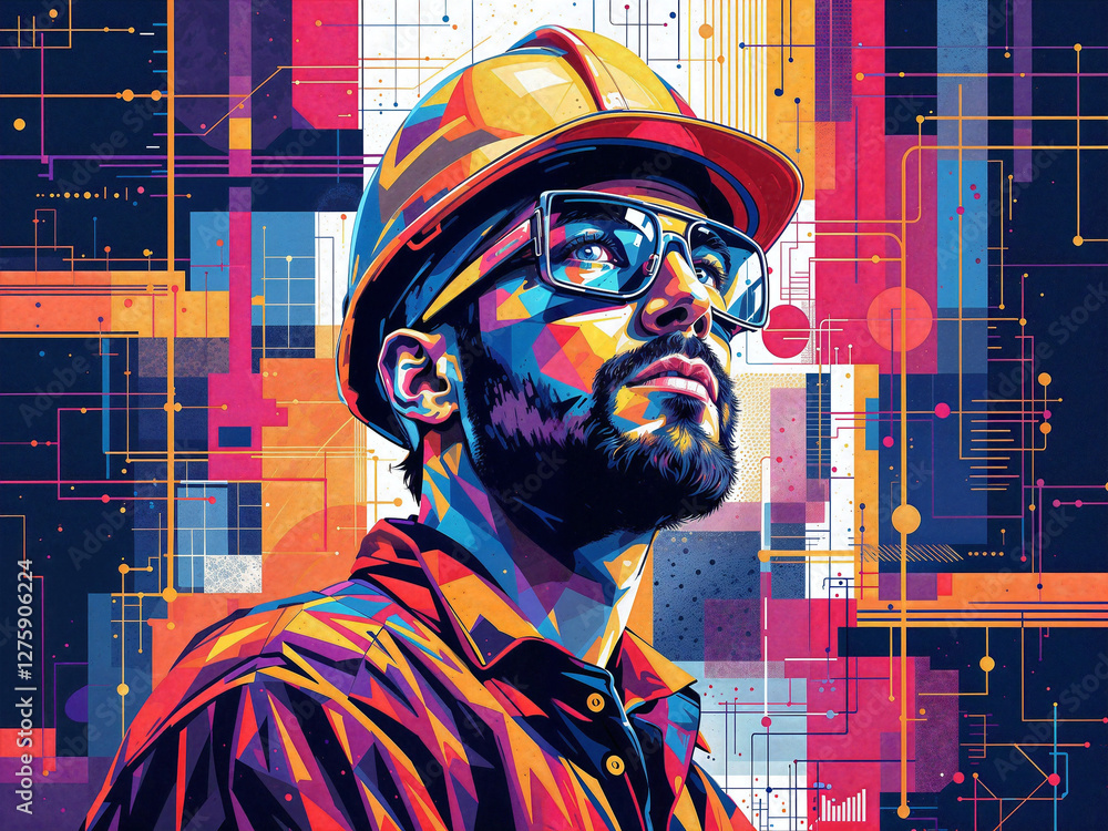 Poster bright surreal portrait of a builder in a helmet . generative ai