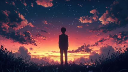 Obraz premium Sunset Silhouette: A Solitary Figure Contemplates the Serene Beauty of a Vivid Twilight Sky