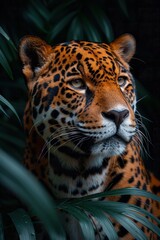 Fototapeta premium A jaguar moves elegantly through dense greenery, illuminated by soft cinematic light, highlighting its magnificent fur and keen gaze