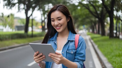 Fototapeta premium Smiling Young Asian Woman Using Tablet Outdoors Happy Student Girl on City Street Casual Denim Jacket Backpack Technology Digital Device Modern Lifestyle Summer Day Beautiful Nature Background park 