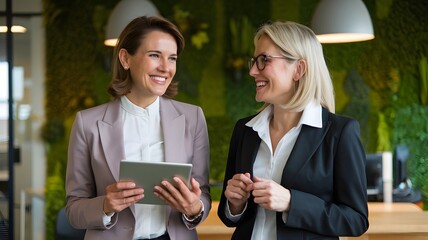 Two Successful Businesswomen Colleagues Discuss Project Using Tablet Modern Office Green Wall Background Professional Teamwork Cooperation Digital Technology Women Entrepreneurship Smart Working      