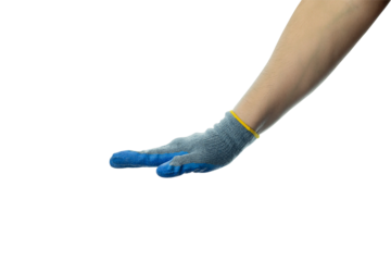 Male Hand Wearing Blue Work Gloves Pressing Down on an Object isolated on white background with clipping path. Concept of Manual Labor, Pressure, or Force for Construction, Repair, or Industrial Theme