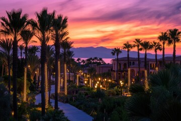 Obraz premium Palm trees line a walkway at sunset, illuminating a luxury resort. Perfect for travel, real estate, or resort promotional materials.