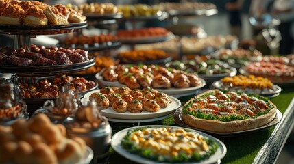 Obraz premium A vibrant display of assorted pastries and dishes arranged on plates, showcasing a feast of colors and textures in a food market setting.
