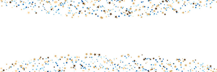 Blue and gold star confetti banner with white background and copy space
