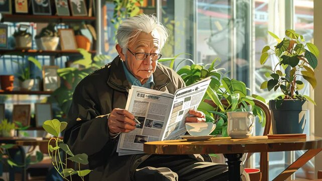 Wise elderly man absorbed in a newspaper at a table - Powered by Adobe