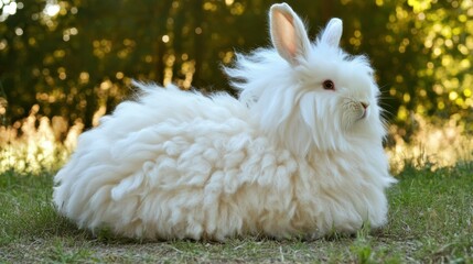 Angora Rabbit - Beautiful White Fluffy Bunny Enjoying Summer Outdoors