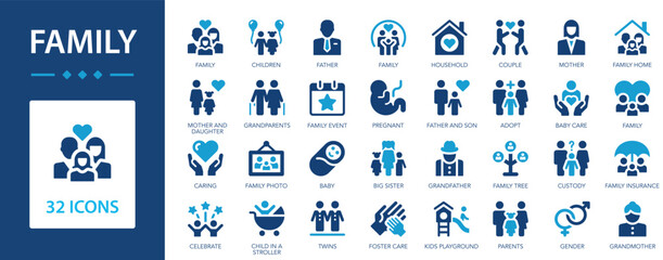Family icon set. Mother, father, care, child, household, children, parents, baby.