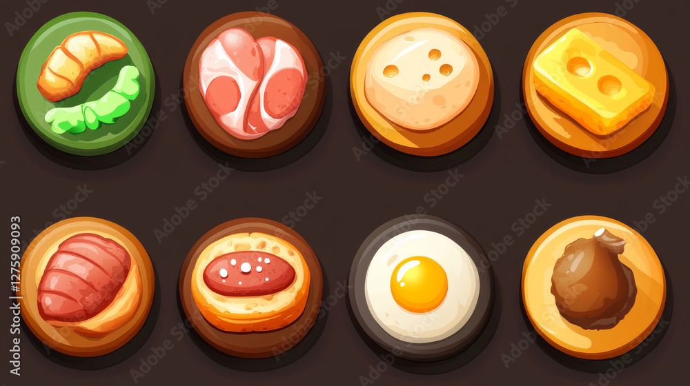 Poster game ui food app icons, round buttons, cartoon menu interface. gui textured graphic design elements 