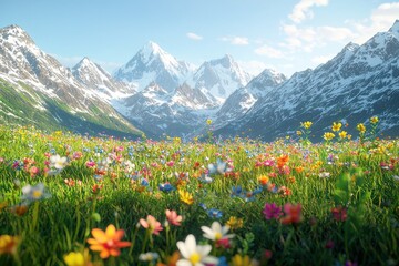 Obraz premium Magnificent snow-capped peaks rising above a vibrant alpine meadow, filled with blooming wildflowers under a serene blue sky, a true spring paradise.