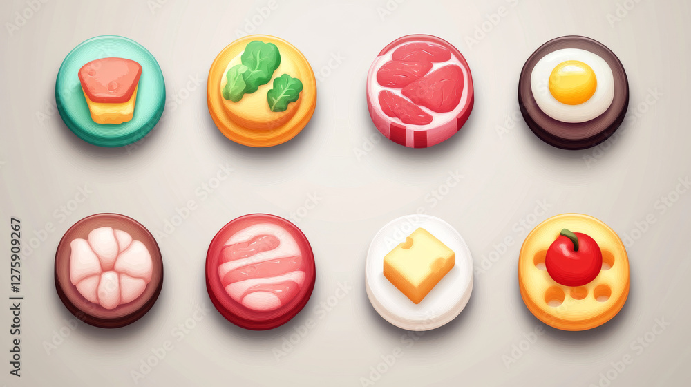 Poster game ui food app icons, round buttons, cartoon menu interface. gui textured graphic design elements 