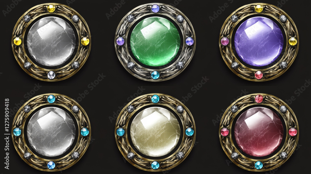 Poster empty circle silver and gold frames in medieval style for game ui design. vector cartoon set of user