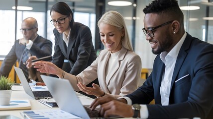 Successful Business Team Collaboration Modern Office Laptop Meeting Diverse Professionals Project Planning Strategic Discussion Innovative Ideas Efficient Workflow Teamwork Professional Development   