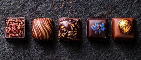 Edle Pralinen auf schwarzem Schiefer Untergrund 