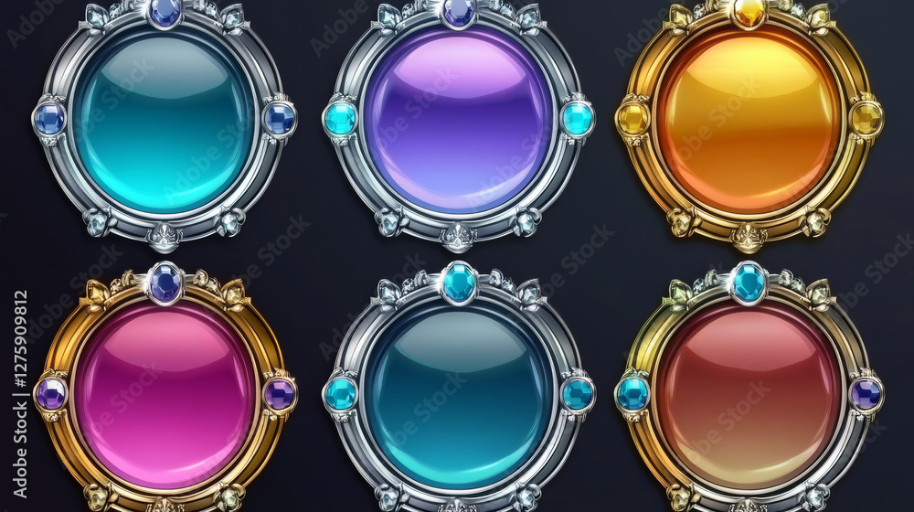 Poster empty circle silver and gold frames in medieval style for game ui design. vector cartoon set of user