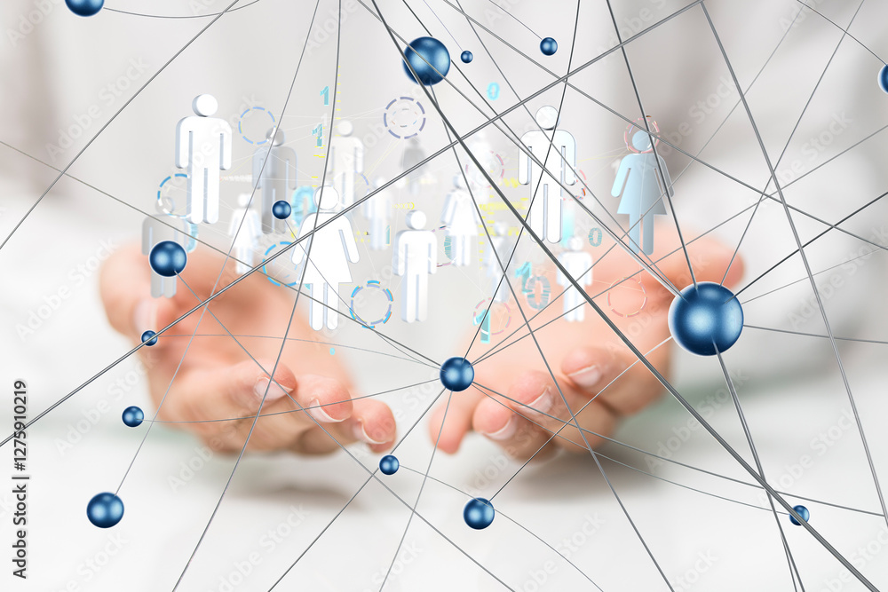 Aufkleber Global network. Blockchain. 3D illustration. Neural networks and artificial intelligence. Abstract