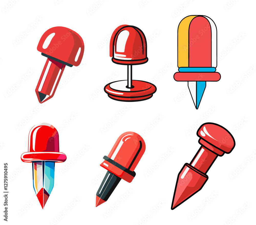 Poster sets icon collection of colorful stylized push pins with various designs and shapes, featuring vibra