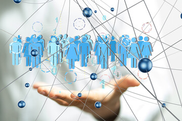 holding 3D rendering group of blue people
