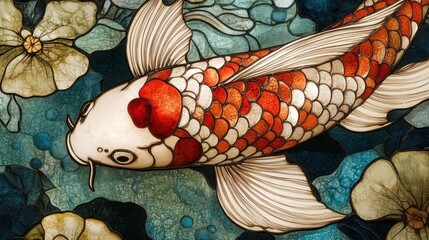 Dreamy koi fish in a pond, stained glass watercolor effect, intricate flowing details, vibrant yet soft hues, organic shapes, centered on a white background 