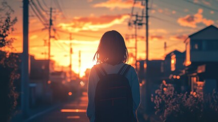 Sunset Stroll: A girl walks home silhouetted by a vibrant sunset in a residential neighborhood.