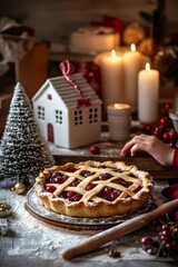 Festive cherry pie in cozy rustic kitchen setting with candlelight and holiday decorations