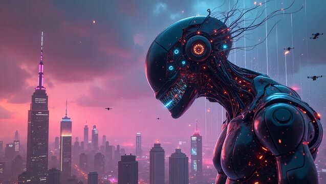Cyborg woman cyborg looking at hologram screen 3D rendering alien in the city