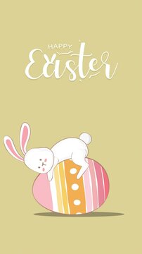 Easter background with egg and cartoon bunny rabbit including happy easter greeting, pastel color theme, vertical banner background 