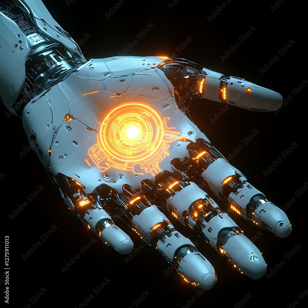 Aufkleber Highly detailed image of a mechanical hand with illuminated features, showcasing intricate design and technology.