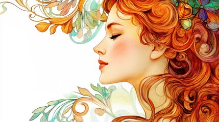 Elegant Art Nouveau woman, delicate curls, floral motifs, stained glass watercolor texture, intricate details, crisp white background, high resolution 